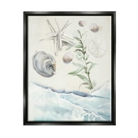 Stupell Starfish & Shells Laping Beach Shore tájfestés Fekete úszó keretes művészeti nyomtatási fal művészet