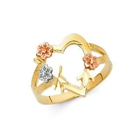 14K Tri Color olasz tömör arany szív és virág Design gyűrű