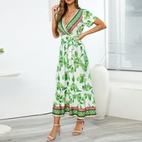 Női ruhák V-nyakú virágos Rövid ujjú ruha Maxi Fit & Flare ruhák zöld 2XL