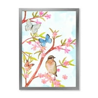 Okos madár ül egy tavaszi fa ágán, pillangók keretes festmény vászon art nyomtatás