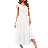 Cathalem Női Bohém Maxi ruha nyári Egy váll ujjatlan hosszú ruha többszintű fodros Hem Flowy ruha Fehér XL