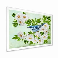 Designart 'Kis kék madár ülve a fehér rózsa növény ágán' hagyományos keretes művészeti nyomtatás